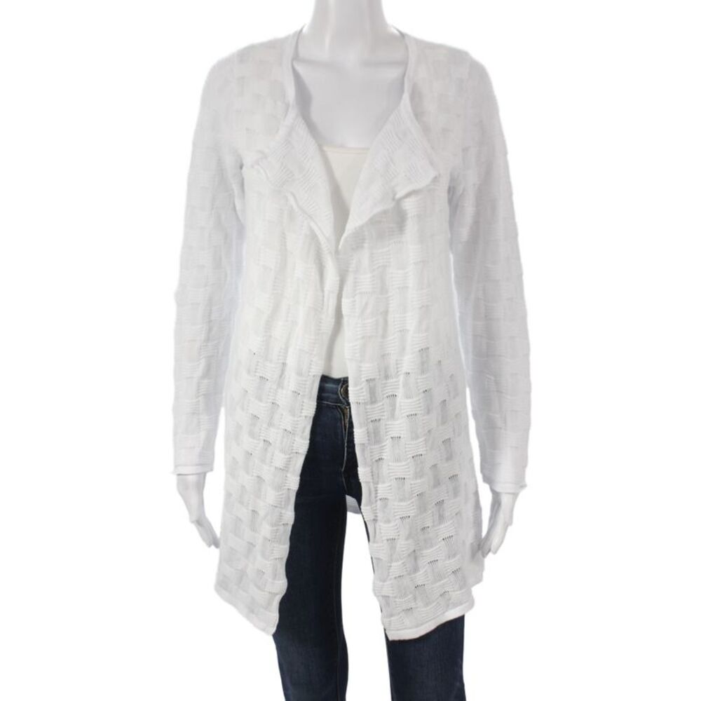 Marble Women Cardigan White V Neck Geometric 55% Cotton Long Sleeve Size XS